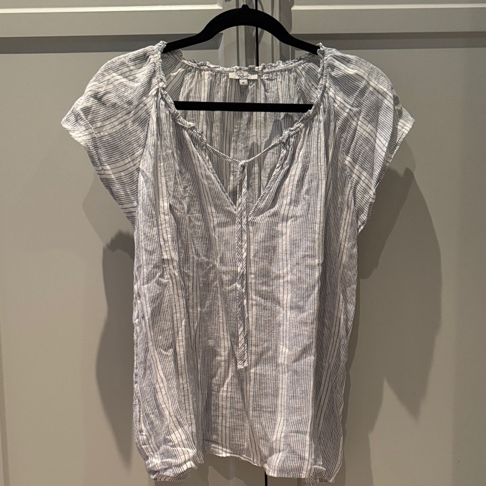 Rails Blue and White Striped V-Neck Short Sleeve Blouse - Picture 1 of 5